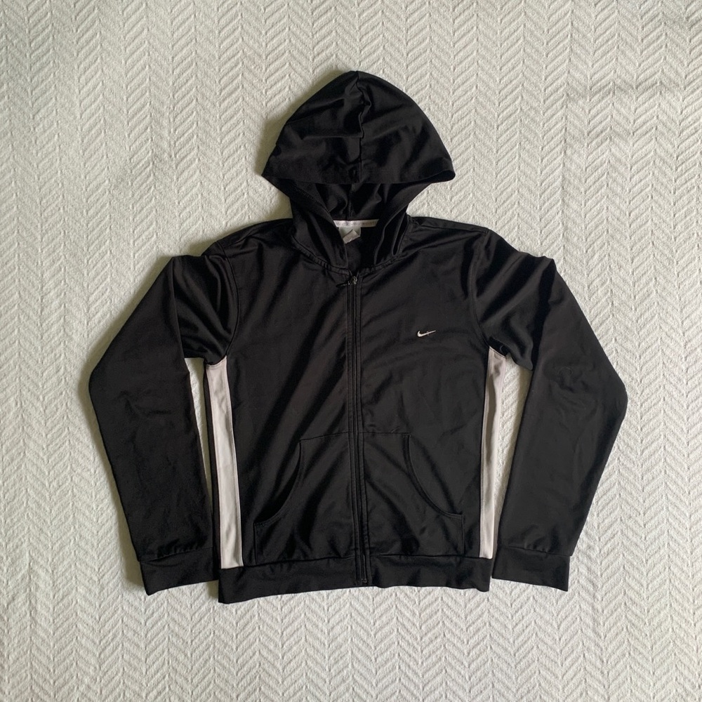 Vtg Y2K Nike Athletics Hooded Full Zip Gym Running Track Jacket Black White Sz S